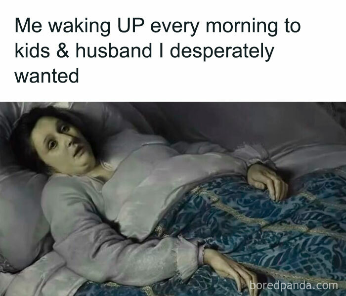 Tired mom waking up every morning to kids and husband, humorously capturing the challenges of being a parent.