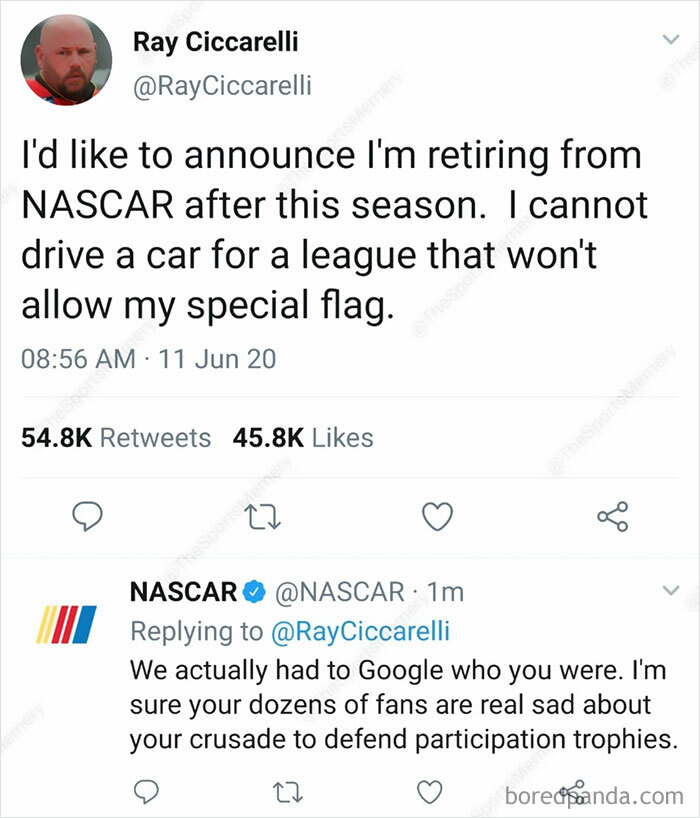 Tweet exchange highlighting a unique and humorous sentence about NASCAR retirement and special flags.