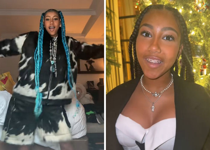 Teen girl with blue braids dancing indoors and smiling girl with braces in front of a Christmas tree, highlighting children&rsquo;s social media safety.