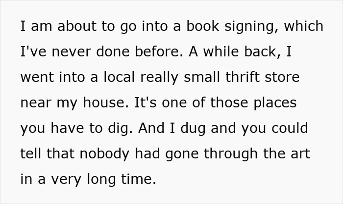 Text describing a woman refusing to keep a painting after reading the hidden message written on the back. Text describing a woman refusing to keep a painting after reading the hidden message written on the back.
