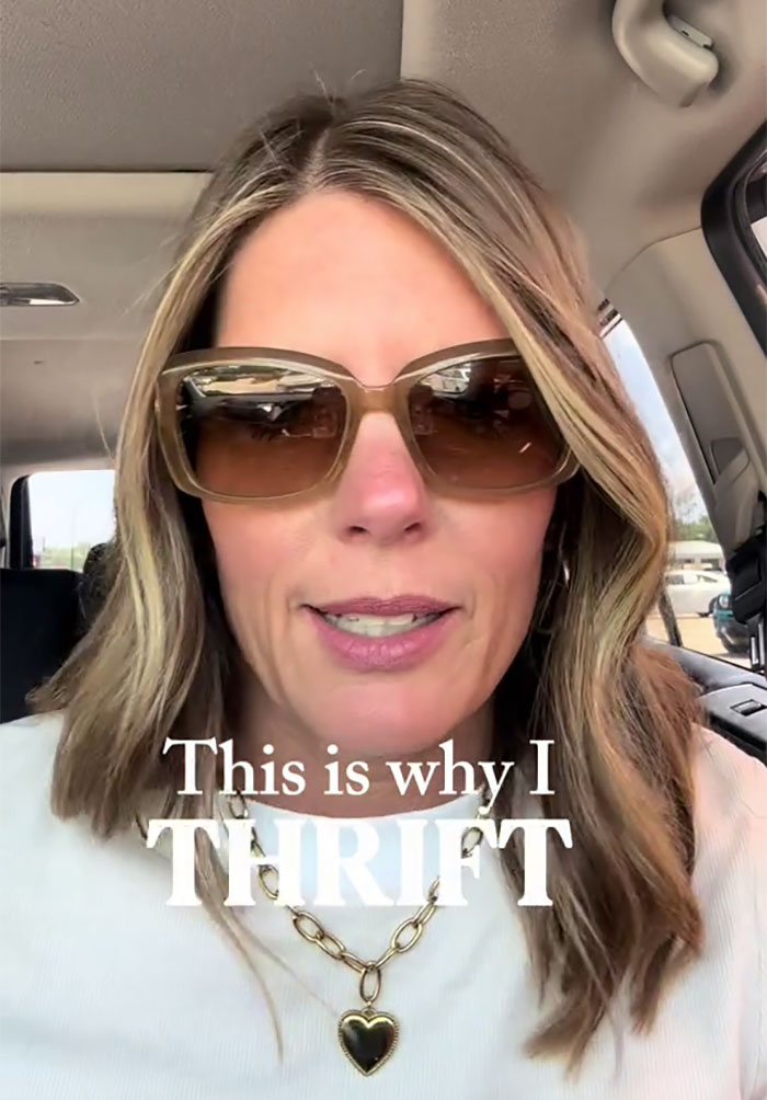 Woman wearing sunglasses explaining why she refuses to keep painting after reading message on the back while thrifting. Woman wearing sunglasses explaining why she refuses to keep painting after reading message on the back while thrifting.