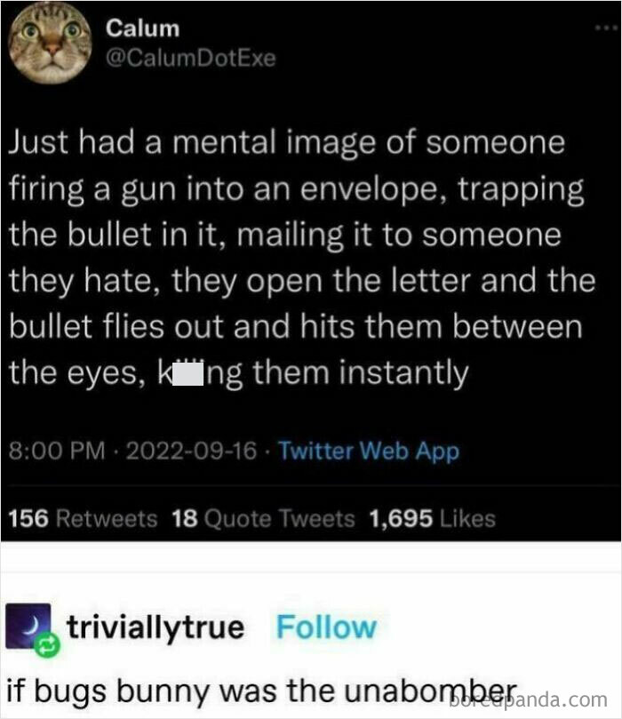Tweet imagining a creative scenario of a bullet mailed in an envelope followed by a humorous Bugs Bunny comment, showcasing unique sentences.
