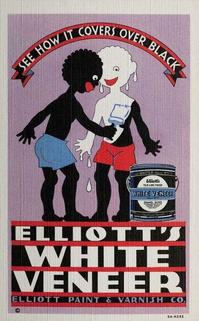 Vintage advertisement showing two cartoon figures with contrasting skin colors illustrating paint coverage for white veneer product.