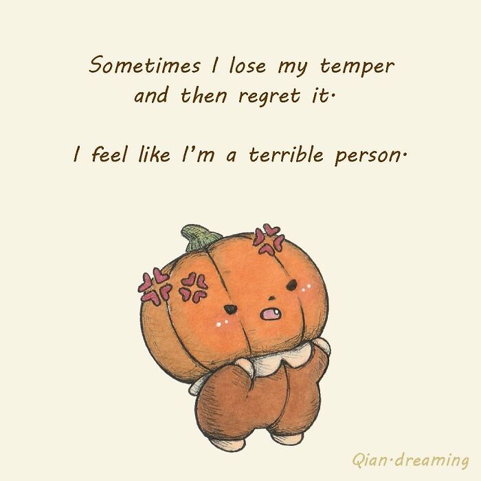 Adorably evil pumpkin illustration expressing regret and self-doubt, capturing inner thoughts with cute, emotional art style.