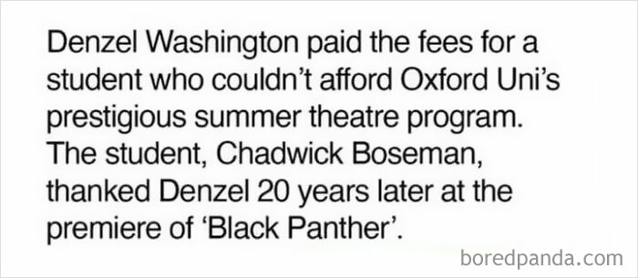 Alt text:
Text describing a heartwarming story of Denzel Washington paying fees for a student who later thanked him at Black Panther premiere.