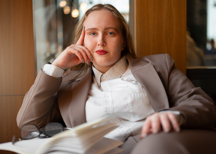 Young professional woman in beige suit reading a book, reflecting the challenges hiring managers face with difficult people.