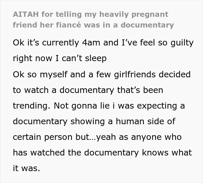 Screenshot of a text post about a pregnant woman&rsquo;s life changing after friends watch Bonnie Blue&rsquo;s documentary.