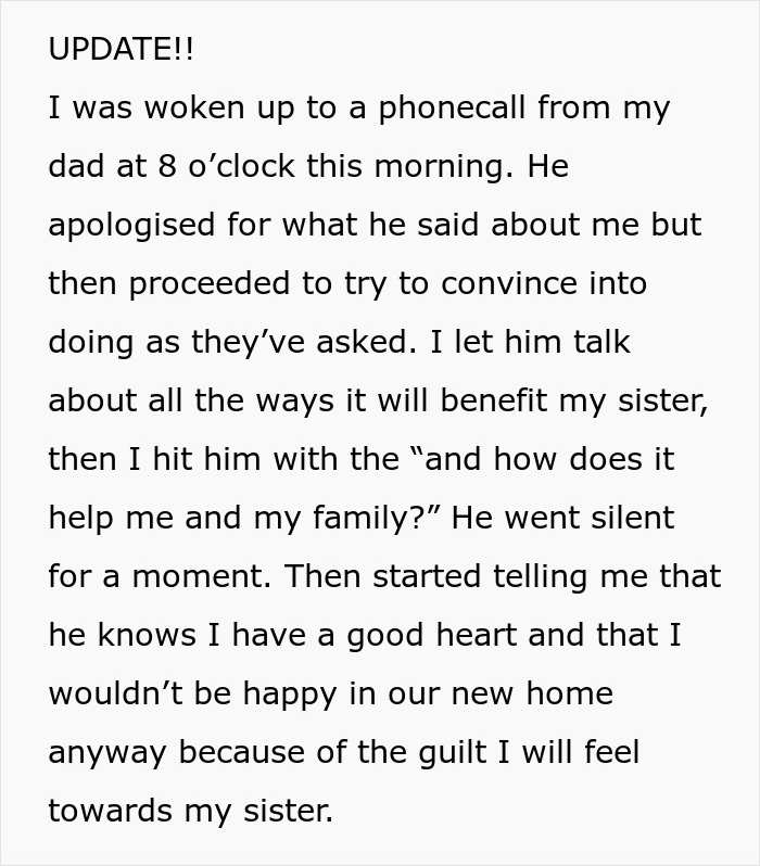 Text update describing family demands and emotional conflict during a phone call about $33k and sister&rsquo;s needs.