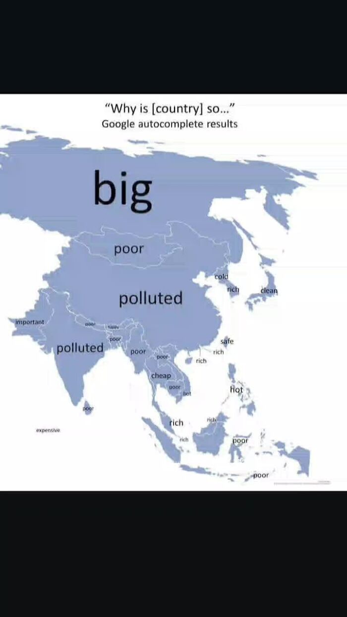 Map of Asia showing Google autocomplete geography facts like big, poor, polluted, rich, and hot across countries.