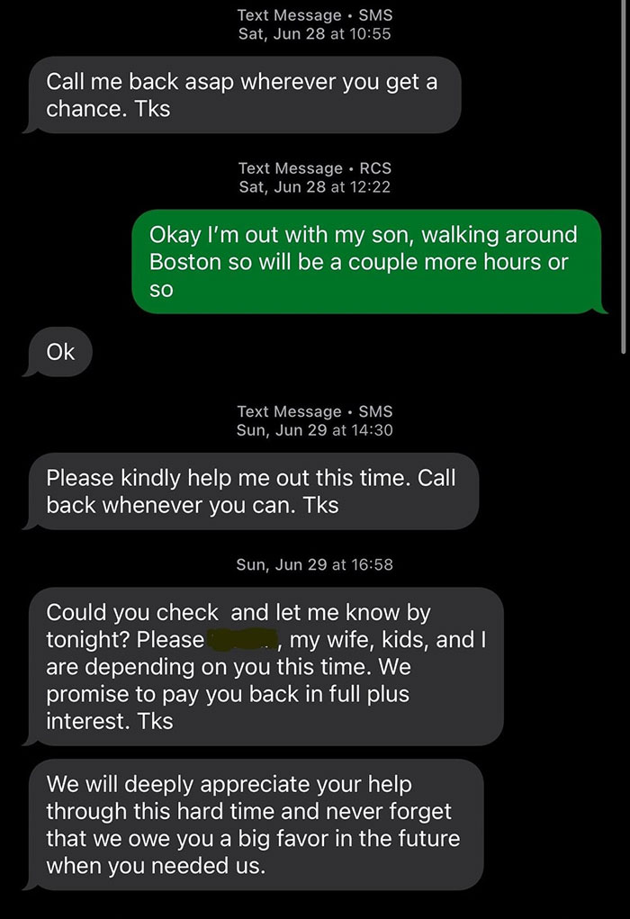 Text messages showing a friends call two decades later, asking for urgent help and promising repayment with interest. Text messages showing a friends call two decades later, asking for urgent help and promising repayment with interest.
