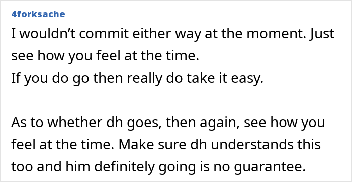 Text post discussing whether a husband should go on a postpartum trip with a 2-year-old after wife refuses.