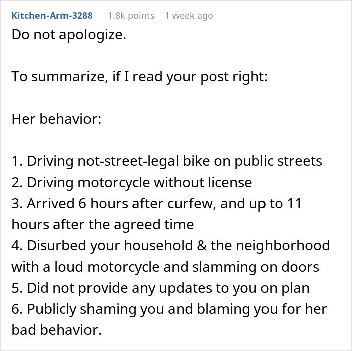 Text post listing reasons why a teen is not welcome after arriving late and disturbing neighborhood with loud motorcycle.