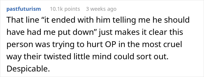 Comment on Reddit discussing boyfriend being dragged online for trying to stealthily euthanize girlfriend&rsquo;s dog.