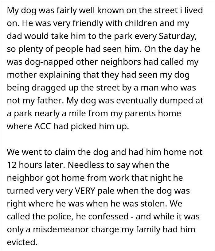 Alt text: Text post describing a dog's kidnapping and neighbors dragging the dog, related to a boyfriend trying to stealthily euthanize girlfriend's dog.