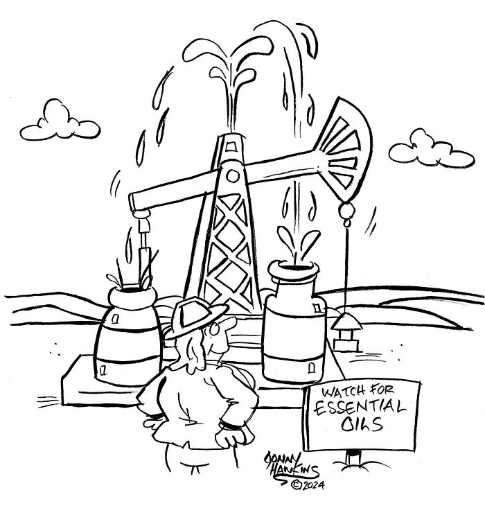 One-panel comic by Jonathan Ray Hawkins showing a man watching an oil rig with a humorous essential oils sign.