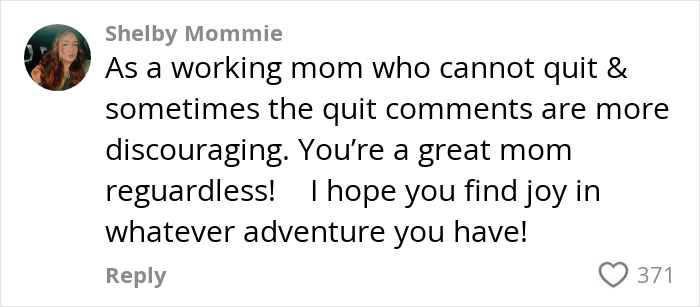 Comment from working mom expressing struggle with missing daughter growing up due to work and offering encouragement to other moms.