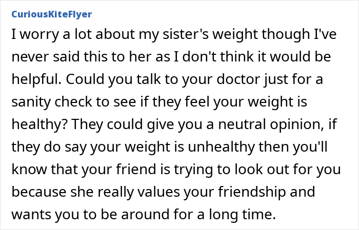 Alt text: Online comment discussing concern about a friend's weight and suggesting consulting a doctor for a healthy weight check.