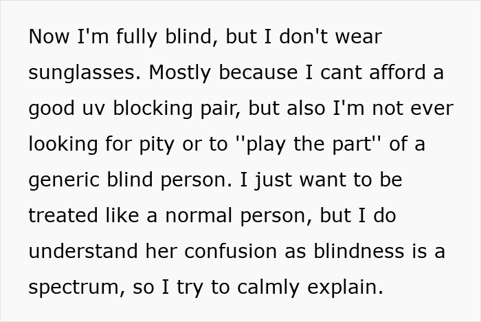 Text explaining blindness and rejecting pity, highlighting a kid steals blind cane theme in a thoughtful narrative.