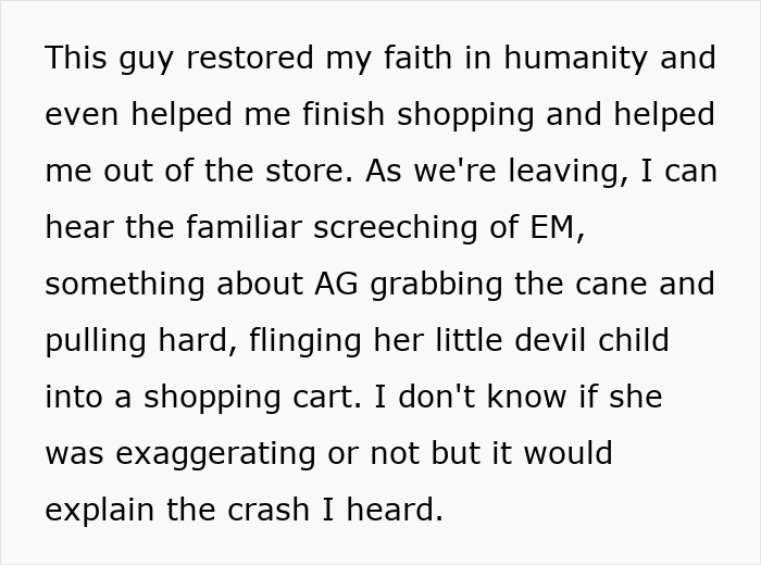 Man helping a shopper while a kid steals a blind cane, causing chaos near a shopping cart in a store aisle.