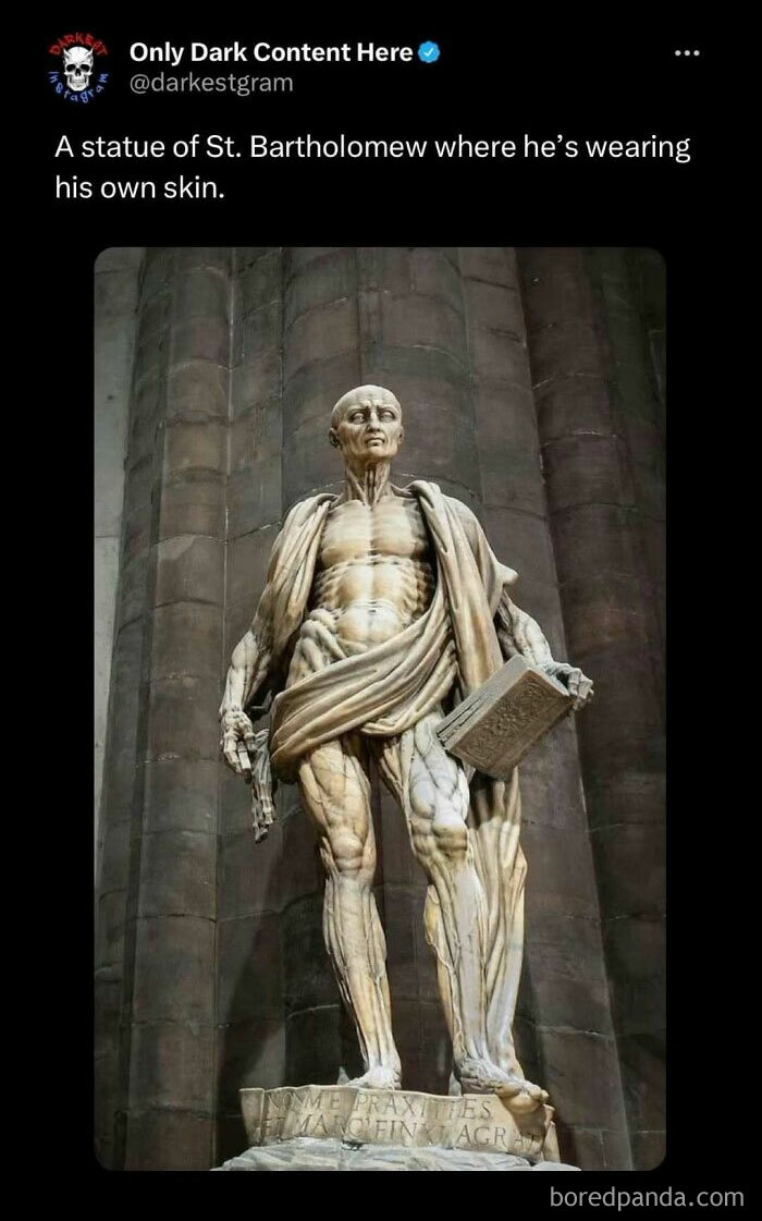 Statue of St. Bartholomew showing detailed anatomy, featured on darkest page on Instagram with creepy and spooky stories.