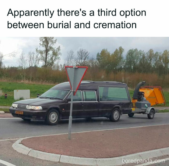 Black hearse parked on a street with a trailer attached, captioned with a dark humor meme about burial and cremation options.
