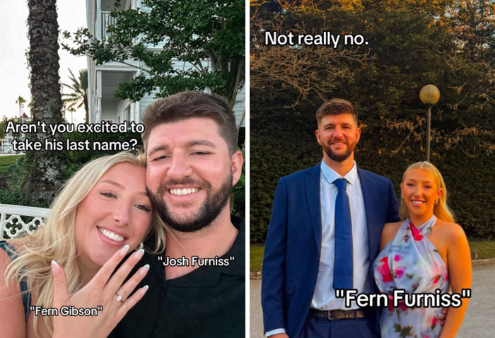 Couple humorously debates married surname trend with playful captions about last name changes and reactions outdoors.