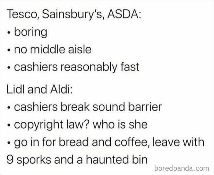 Comparison of British supermarket chains Tesco and Sainsbury’s with Lidl and Aldi in chaotic British memes style.