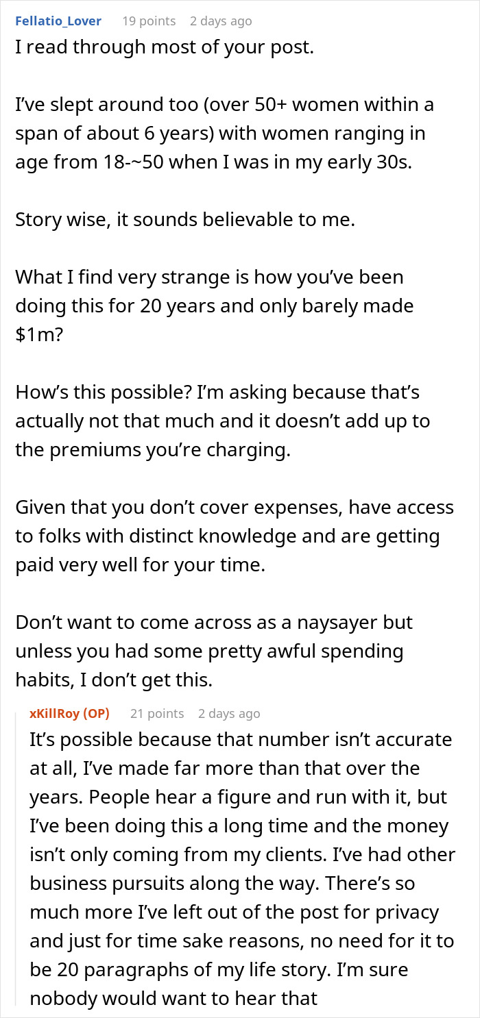 Screenshot of an online forum discussion featuring a paid companion sharing experiences with wealthy married women.
