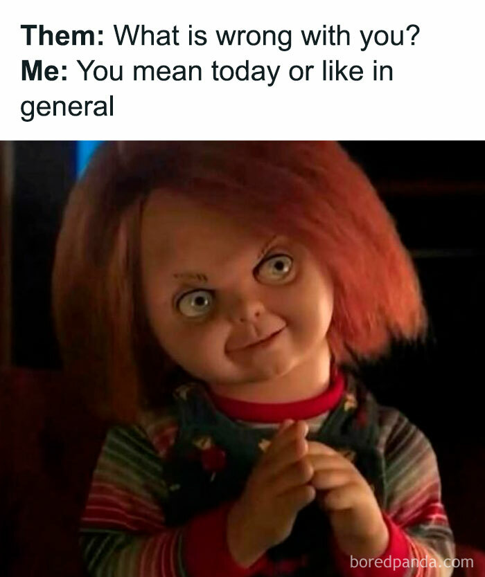 Chucky doll with a mischievous smile and clasped hands, part of hilarious memes for daily laughter and good vibes.