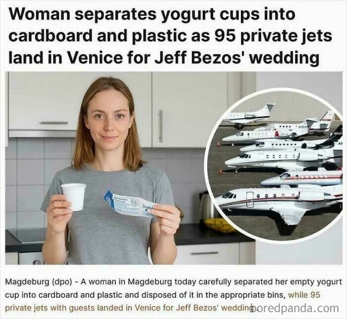 Woman sorting yogurt cups for recycling in kitchen contrasted with private jets at airport, illustrating modern life boring dystopia.