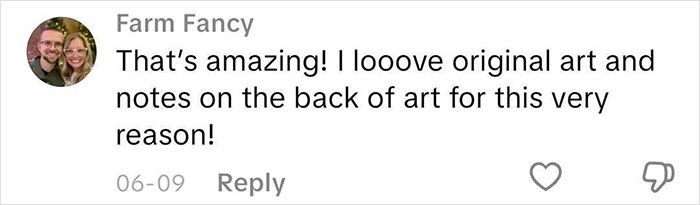 Comment praising original art and notes written on the back of a painting, expressing love for unique artwork. Comment praising original art and notes written on the back of a painting, expressing love for unique artwork.