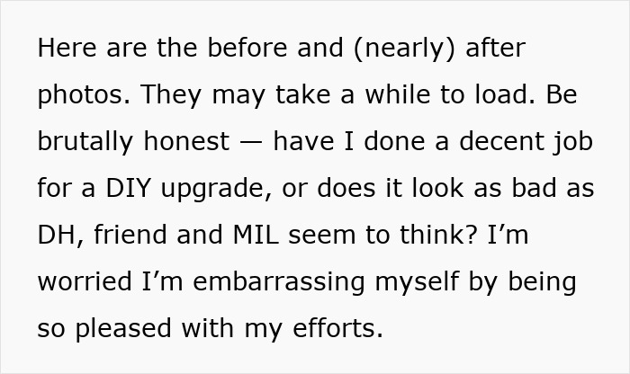 Alt text: Woman proudly shows DIY kitchen makeover with heartfelt effort, despite husband's criticism calling it ugly.