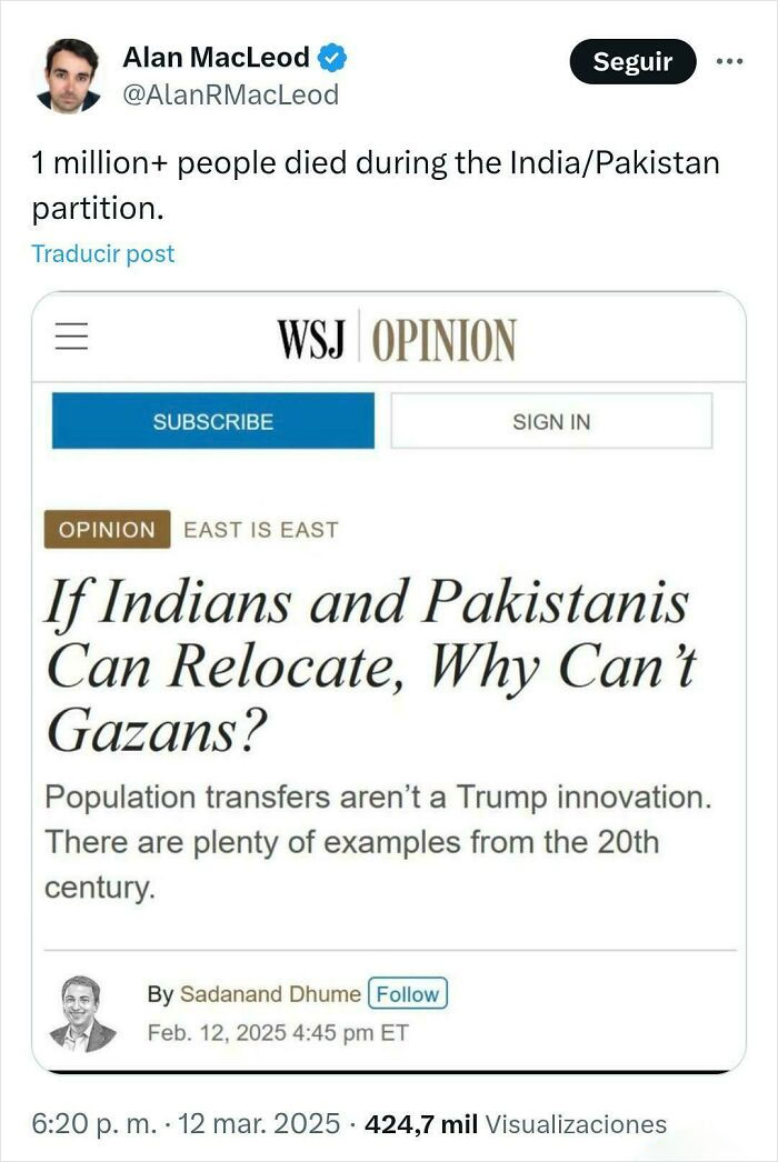 Tweet showing a controversial opinion article about relocation comparing Indians, Pakistanis, and Gazans in a failed attempt moment.