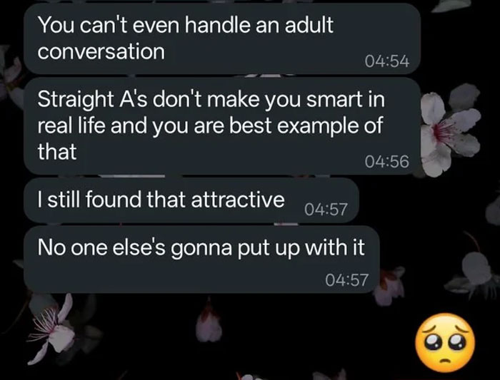 Text messages showing a jealous boyfriend berating his girlfriend, with a sad emoji expressing apology and regret.