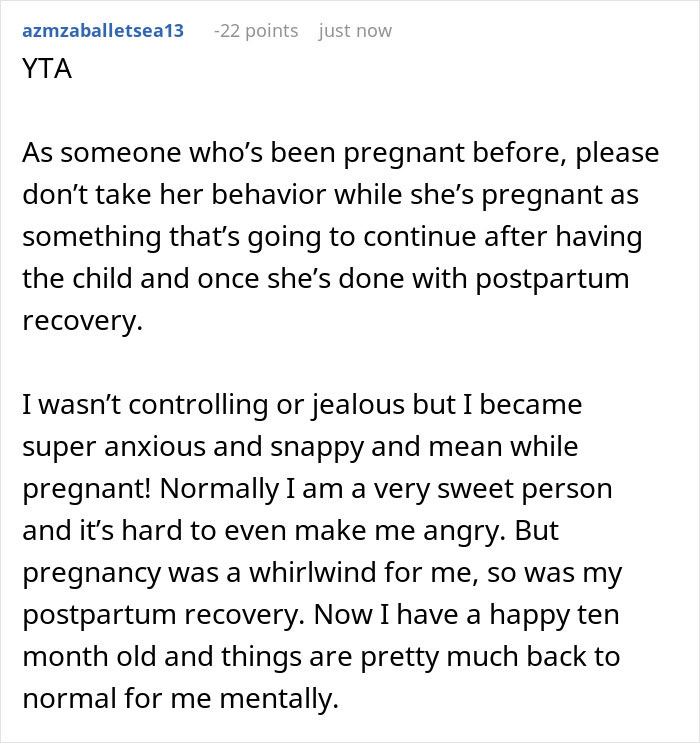 Comment from a user describing anxiety and mood changes during pregnancy affecting behavior and postpartum recovery.