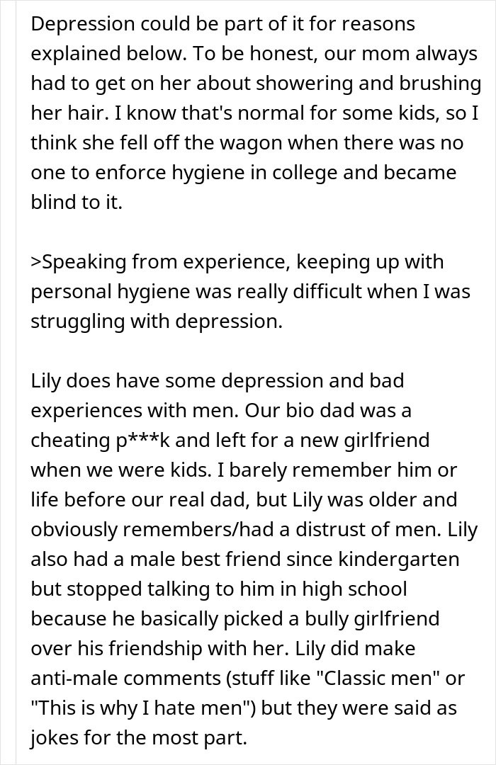 Text excerpt discussing a woman blaming sexism for job issues and her sister&rsquo;s reality check on depression and personal struggles.