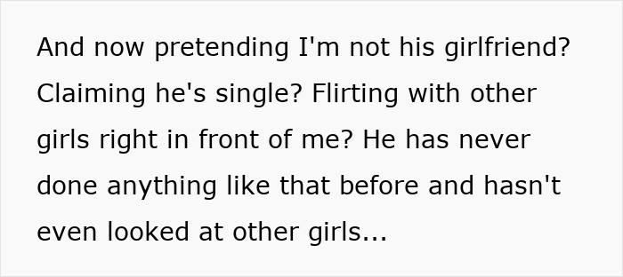 Text showing a woman confronting a guy pretending to be single and making excuses for flirting at a party.