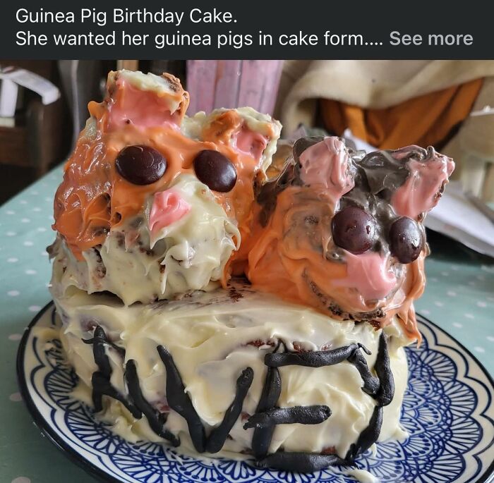 DIY craft shaming birthday cake with poorly made guinea pig figures covered in uneven frosting and chocolate eyes.