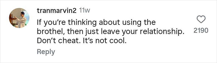 Screenshot of social media comment warning against using brothels and advising against cheating in relationships. - 9