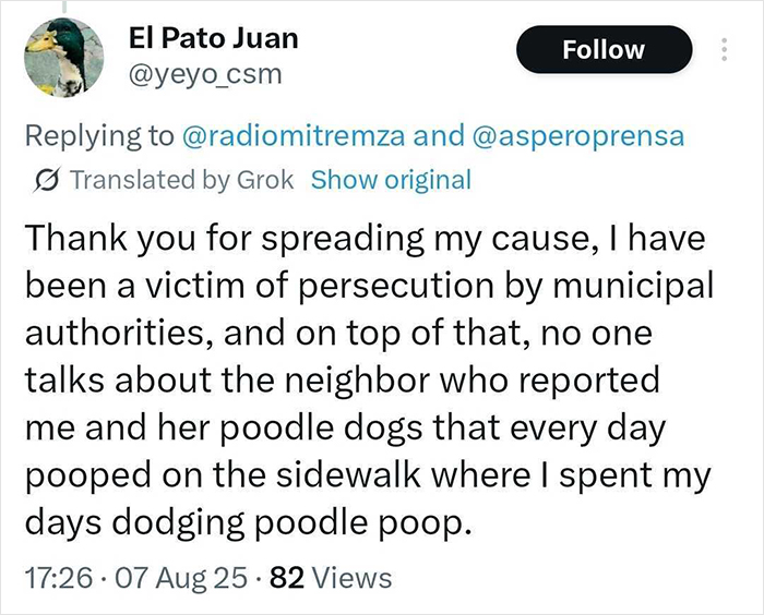 Tweet from celebrity duck El Pato Juan discussing persecution and support after removal from popular location.