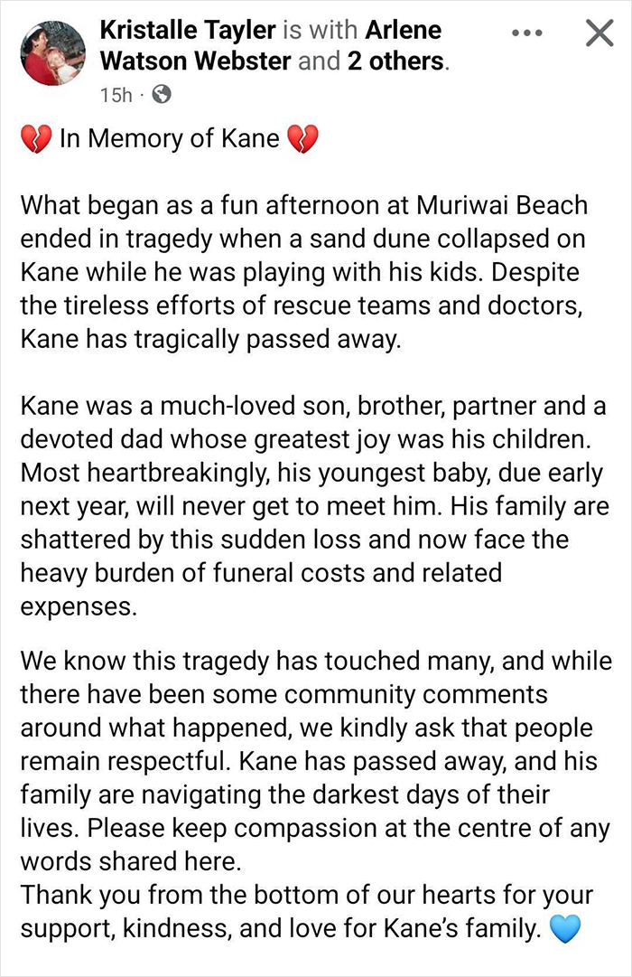 Memorial post for dad, 28, who lost life after being buried alive in sand while digging with his kids at beach.