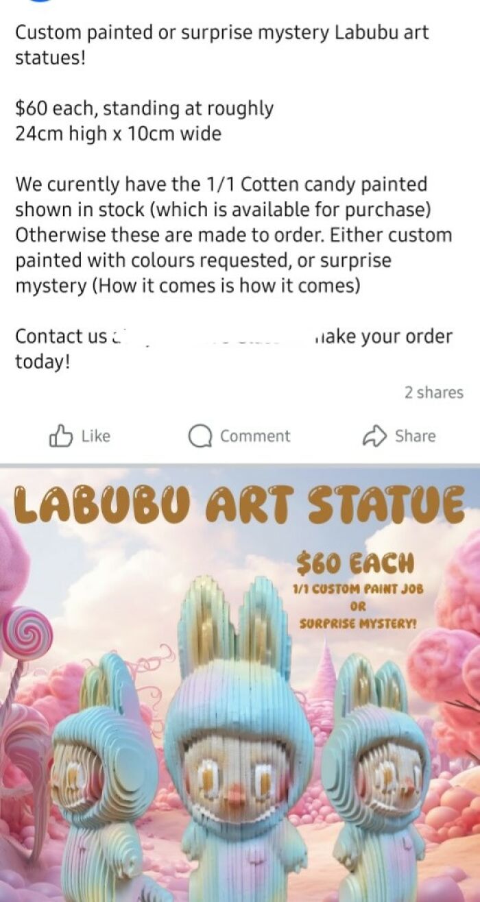 Labubu art statues with custom paint or surprise mystery options, priced at $60 each in pastel cotton candy colors.