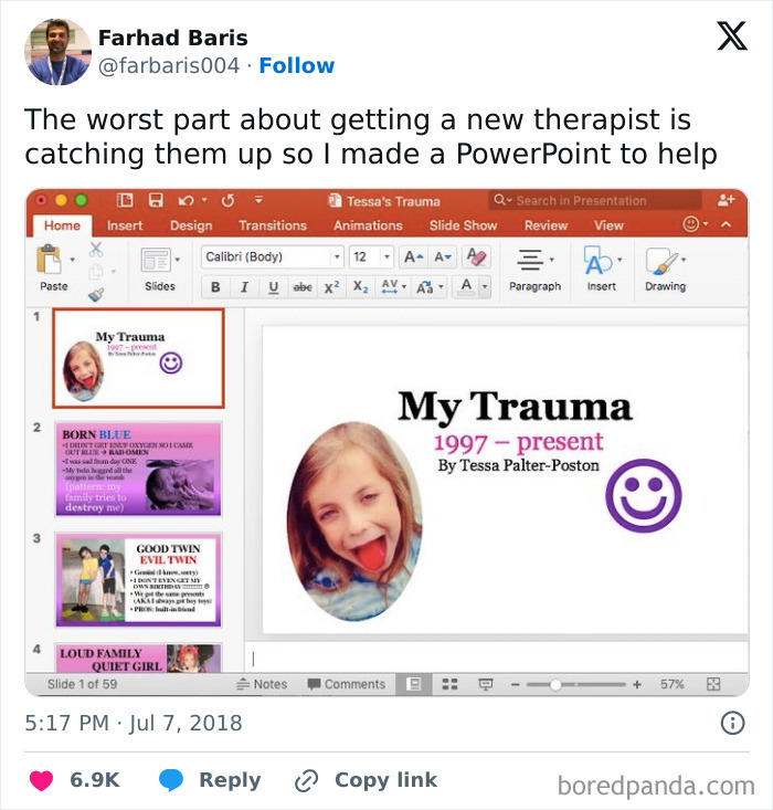 Screenshot of a humorous social media post showing a PowerPoint titled My Trauma, relatable for neurodivergent people.