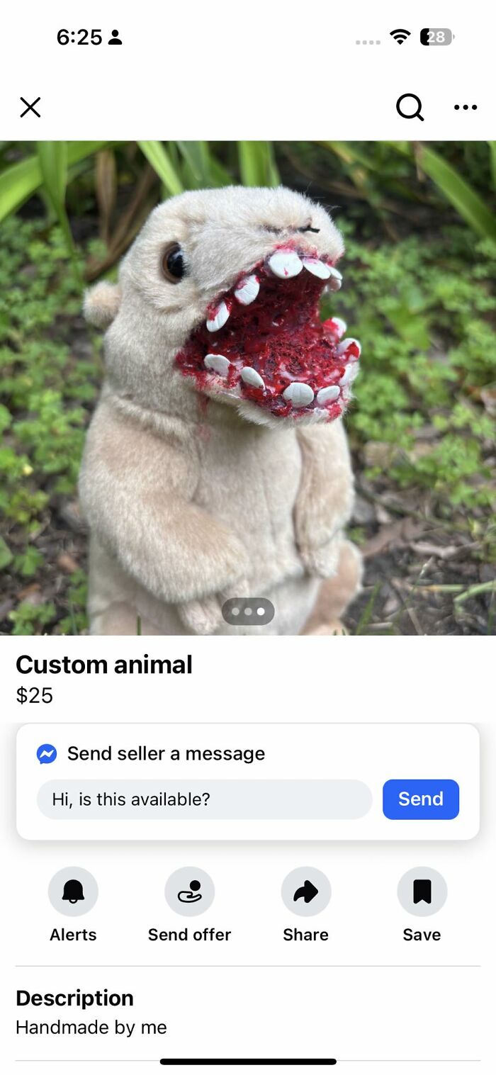 Plush custom animal with a disturbing DIY mouth design, featured in craft shaming horrendous projects collection.
