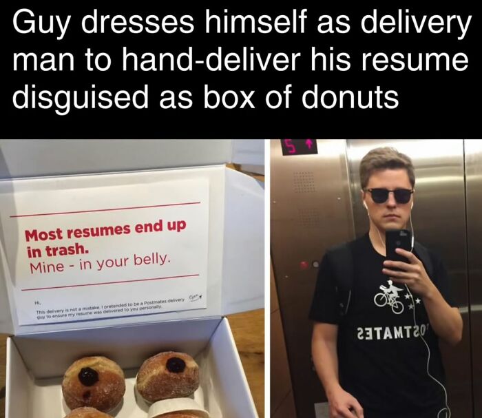 Man disguised as delivery worker with donuts to hand-deliver resume, a creative entertaining post to fight boredom.