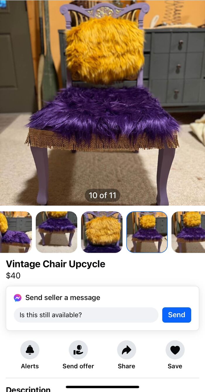 Vintage chair upcycle with purple and yellow faux fur seat and back, showcasing a unique and questionable DIY craft project.