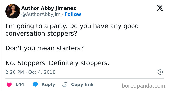 Tweet with humor about party conversation stoppers, relatable to neurodivergent people and their social experiences.