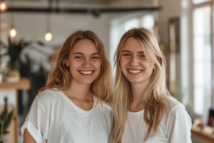 Two smiling young women in casual white shirts in a cozy indoor setting, reflecting openness and connection online.