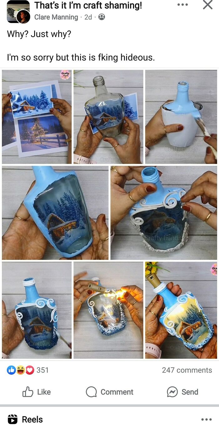 Collage showing a flawed DIY craft project decorating a bottle with paint and paper, illustrating craft shaming.