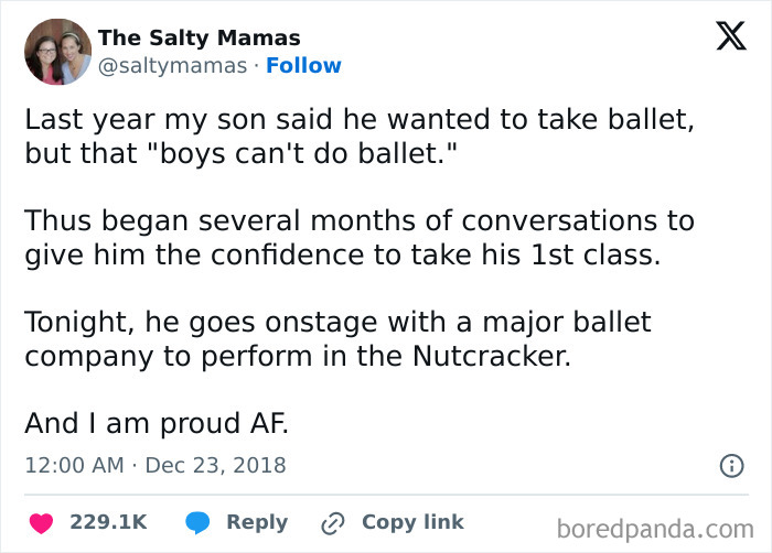Tweet about a mother supporting her son overcoming stereotypes to perform ballet, a heartwarming post spreading positivity.